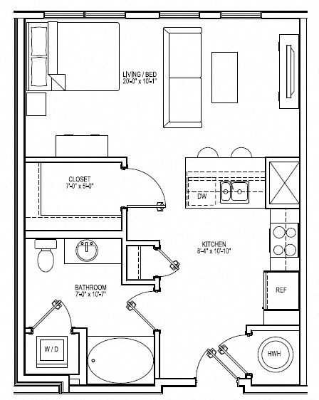 Floor plan for studio, 1 bath, 597 sqft
